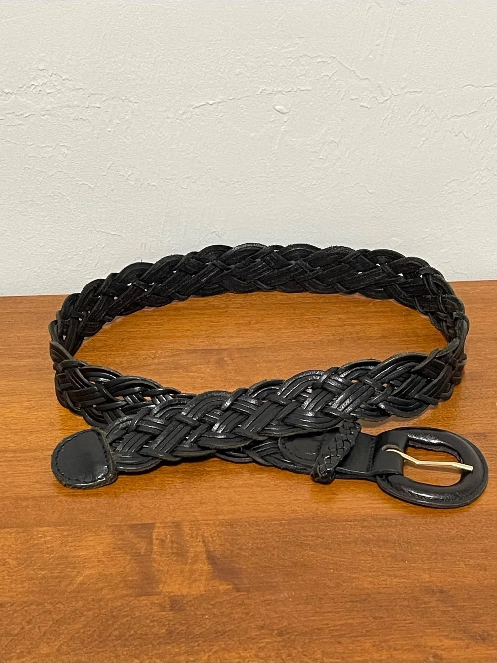 Vintage Fossil Black Woven Braided Leather Belt Leather Wrapped Buckle Size L